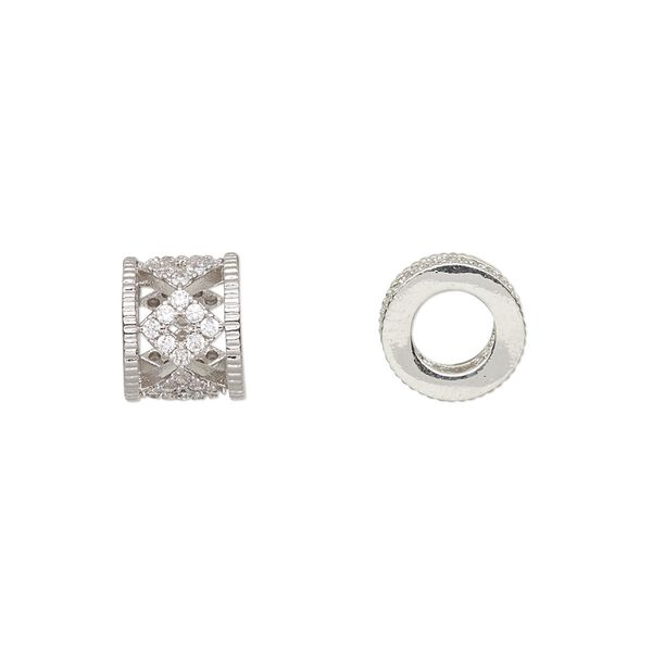 Bead, cubic zirconia and silver-finished brass, clear, 9.5x8mm cylinder with cutout diamond design. Sold individually. image number 0