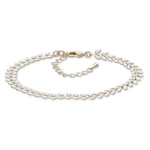 Bracelet, epoxy and gold-plated brass, white, 6.5mm wide with wreath design, 7-1/2 inches with 2-inch extender chain and lobster claw clasp. Sold individually.