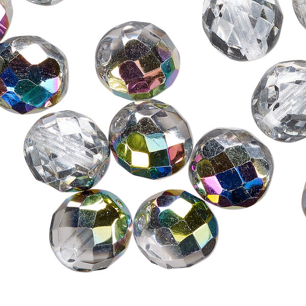 Bead, Czech fire-polished glass, pkg/15-1/2 to 16 inches, 12mm faceted round, clear vitrail, (00030-28101). image number 0