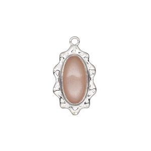 Drop, sterling silver and peach moonstone (natural), pkg/1, 20x12mm single-sided oval, 10 loops.