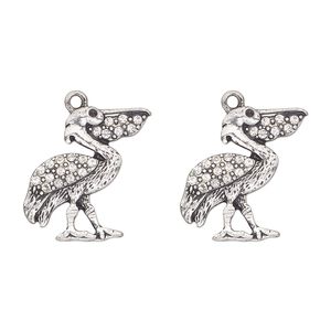 Charm, antique silver-finished "pewter" (zinc-based alloy) and glass, clear and black, 25x24mm single-sided pelican. Sold per pkg of 2.