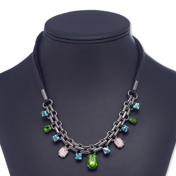 Necklace, leather (dyed) / glass / black-plated steel / "pewter" (zinc-based alloy), multicolored, rectangle, 16 inches with 2-inch extender chain and lobster claw clasp. Sold individually. image number 0