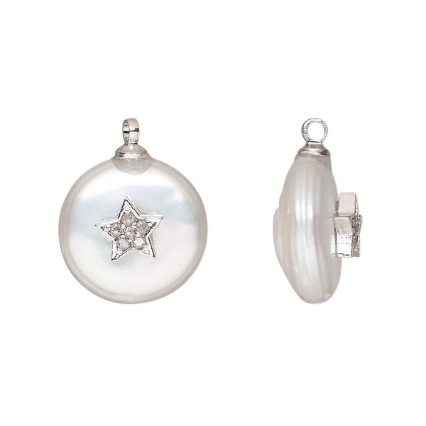 Drop, cubic zirconia / cultured freshwater pearl (bleached) / silver-finished brass, clear and white, 12-13mm single-sided round with star design. Sold individually. image number 0