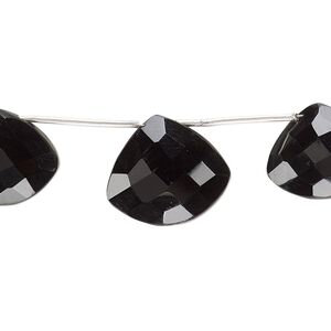 Black onyx 1pkg3, hand-cut top-drilled faceted puffed triangle bead graduated 15x13mm-17x15mm