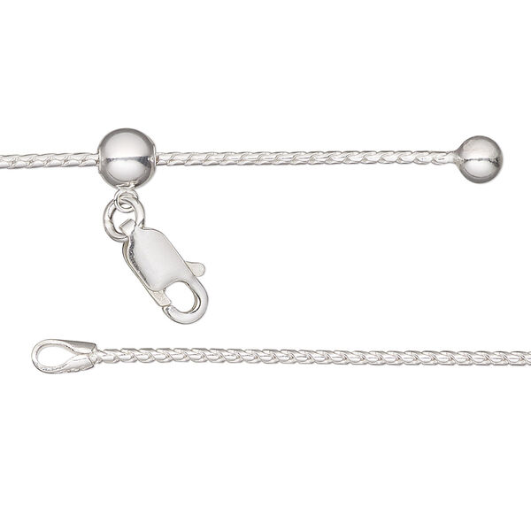 Chain, Gossamer™, sterling silver and silicone, 1mm foxtail with 4mm ball and 5mm adjustable slider bead, adjustable from 16 to 24 inches with lobster claw clasp. Sold individually. image number 0