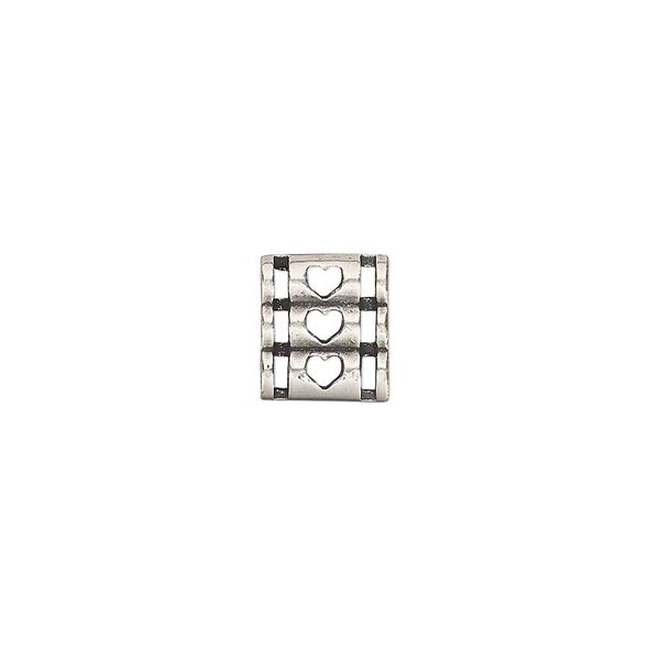 Spacer, antique silver-plated brass, 9.5x8.5mm double-sided 3-strand triple round tube with heart cutout design, fits up to 2mm bead. Sold individually. image number 0
