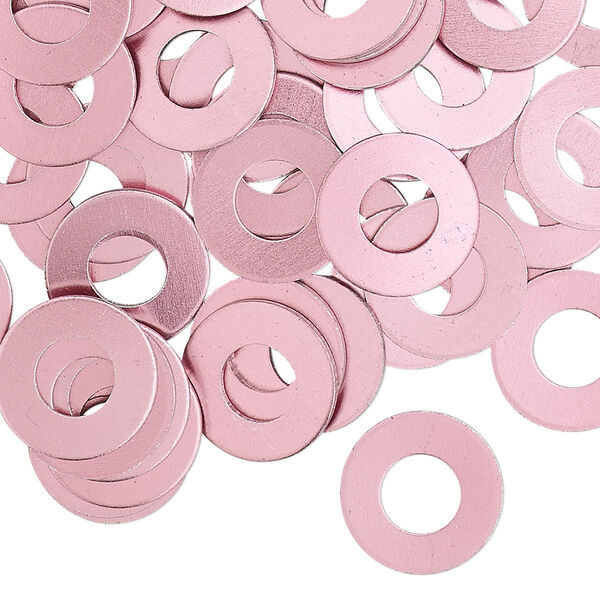 Washer, anodized aluminum, pink, 13mm double-sided flat round blank with 6mm hole, 20 gauge. Sold per pkg of 100. image number 0