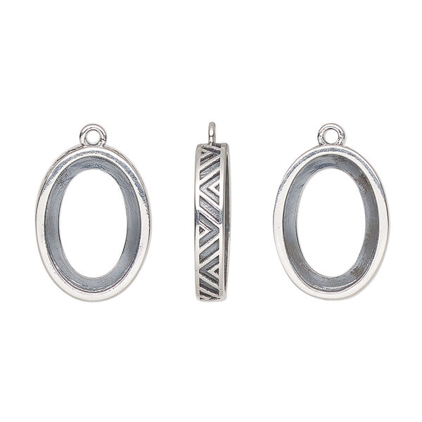 Drop, antiqued sterling silver, 16x12mm oval with 14x10mm oval setting and chevron design with open back. Sold individually. image number 0
