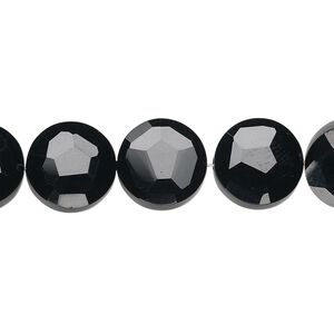 Black onyx 1pkg5, hand-cut faceted flat round bead 12mm