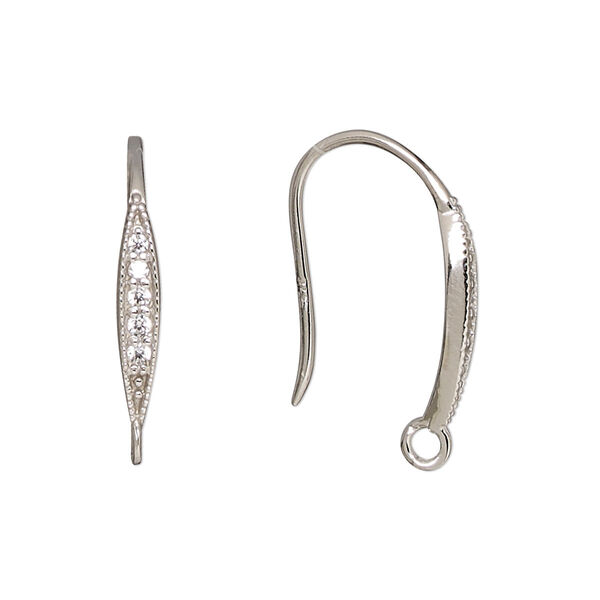 Ear wire, cubic zirconia and rhodium-plated sterling silver, clear, 23mm fishhook with closed loop, 17 gauge. Sold per pair. image number 0