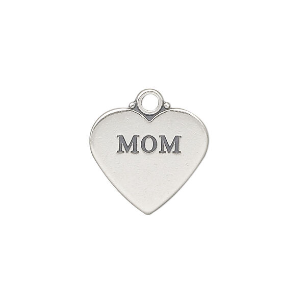 Charm, antiqued sterling silver, 17x15mm double-sided heart with "MOM." Sold individually. image number 0