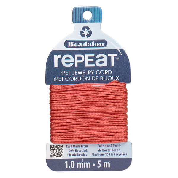 Cord, Beadalon® RePEaT™, recycled polyethylene, coral, 1mm, 100-pound test. Sold per 5-meter card. image number 0