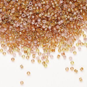 Seed bead mix, Miyuki Delica®, glass, pkg/250g, #11 round, translucent inside dyed color luster honey beige/peridot mix.