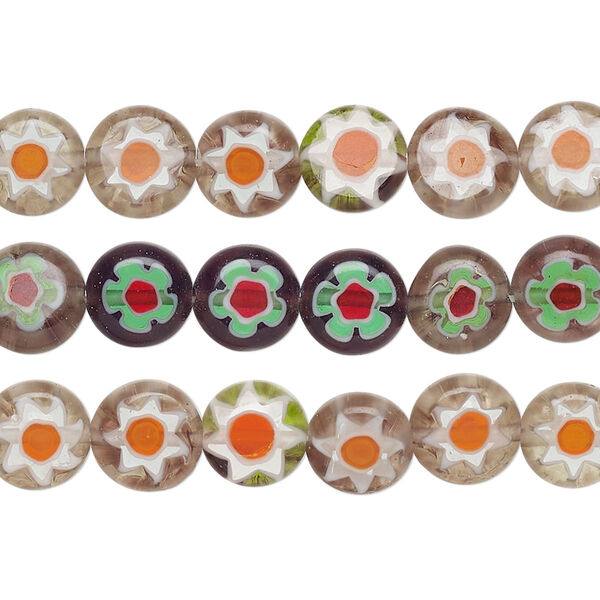 Bead mix, millefiori glass, purple, 8mm puffed flat round with flower design. Sold per pkg of (3) 14-inch strands. image number 0