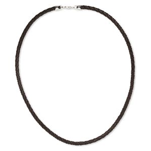 Necklace cord, leather (dyed) and sterling silver, dark brown, 4mm braided, 18 inches with lobster claw clasp. Sold individually.