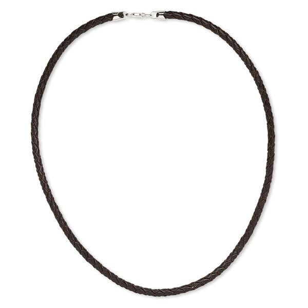 Necklace cord, leather (dyed) and sterling silver, dark brown, 4mm braided, 18 inches with lobster claw clasp. Sold individually. image number 0