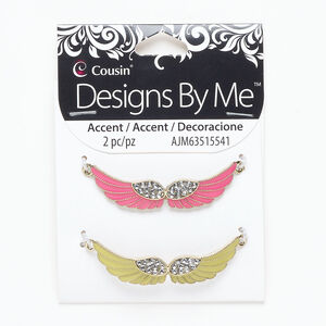 Focal assortment 1pkg2, gold-finished "pewter" (zinc-based alloy) / acrylic / enamel, clear / pink / green, 50x12mm curved wing.