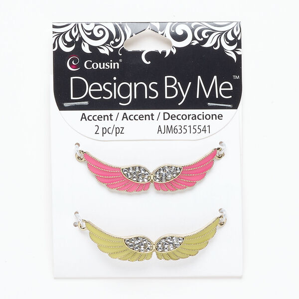 Focal assortment 1pkg2, gold-finished "pewter" (zinc-based alloy) / acrylic / enamel, clear / pink / green, 50x12mm curved wing. image number 0
