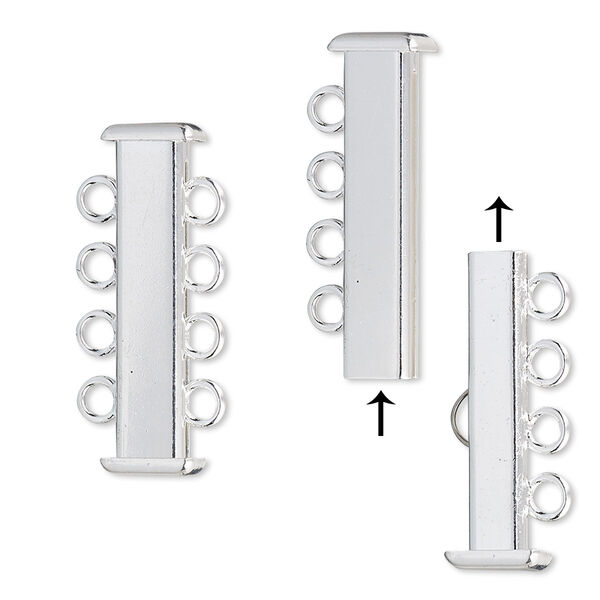 Clasp, 4-strand slide lock, silver-plated brass, 26x7mm rectangle tube. Sold per pkg of 4. image number 0