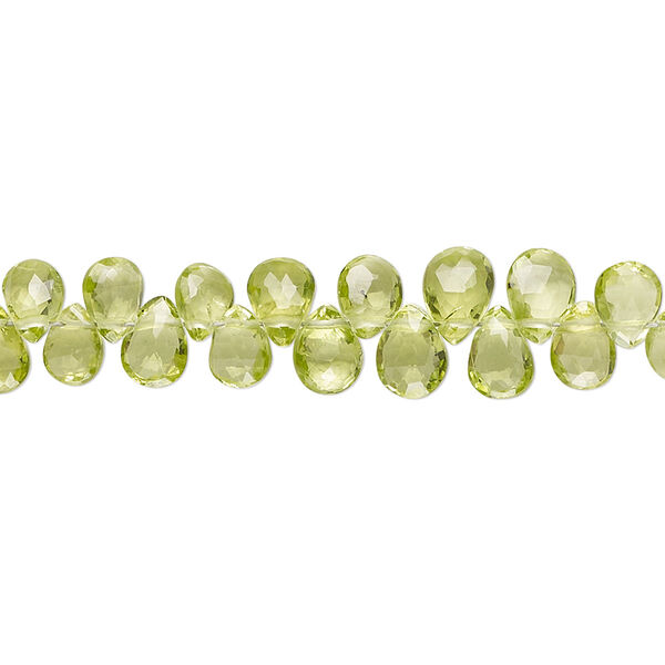Bead, peridot (natural), 5x4mm-6x5mm hand-cut faceted puffed teardrop, B grade, Mohs hardness 6-1/2 to 7. Sold per 8-inch strand, approximately 75 beads. image number 0