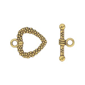 Clasp toggle 1pkg20 "pewter" (zinc alloy), 16mm double-sided beaded heart, antique gold-finished 1-strand