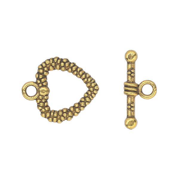 Clasp toggle 1pkg20 "pewter" (zinc alloy), 16mm double-sided beaded heart, antique gold-finished 1-strand image number 0