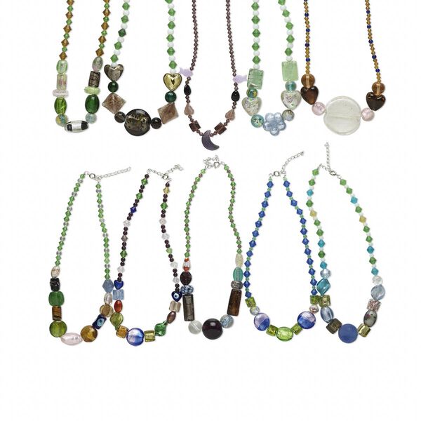 Necklace mix, pressed / lampworked / dichroic glass / imitation rhodium-finished brass, mixed colors, 23x16mm-40x40mm mixed shape, 16 inches with 1-1/4 inch extender chain. Sold per pkg of 5. image number 0