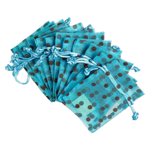 Pouch, flocked organza, robin's egg blue and brown, 4x3 inches with dots pattern and drawstring closure. Sold per pkg of 12. image number 0