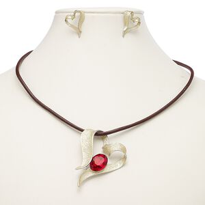 Necklace and earring set, leather (dyed) / enamel / glass / imitation rhodium-plated steel / brass / "pewter" (zinc-based alloy), brown / matte gold / red, 59x43mm heart, 18-inch necklace with 2-inch extender chain and lobster claw clasp, 23.5x17mm heart with post. Sold per set.