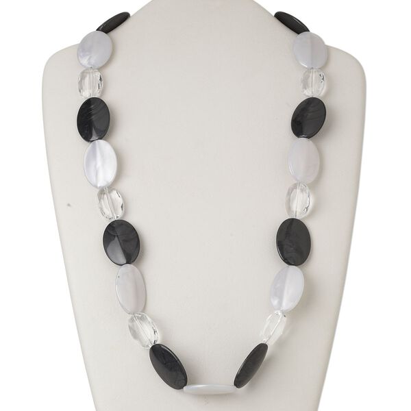 Necklace, acrylic / imitation leather / silver-finished steel, white / clear / black, oval, 40-inch continuous loop. Sold individually. image number 0