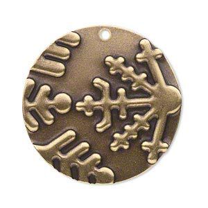 Focal, brass, 34mm single-sided flat round with embossed snowflake design and 2mm hole. Sold per pkg of 4.