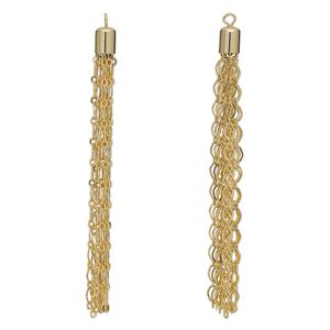 Focal, gold-finished brass, 3 x 1/4 inch tassel with long and short chain. Sold per pkg of 2.