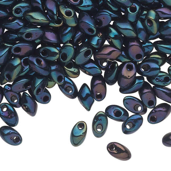 Seed bead, Miyuki, glass, pkg/10g, 7x4mm long magatama, opaque metallic rainbow peacock (LMA-452). image number 0