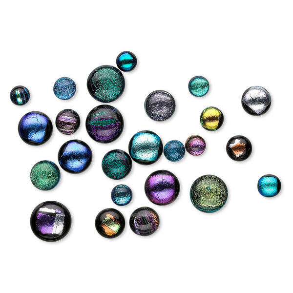 Cabochon, dichroic glass, black and multicolored, 5-11mm non-calibrated round. Sold per 15-gram pkg, approximately 20-25 cabochons. image number 0