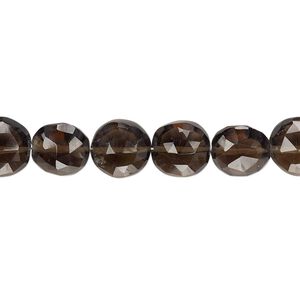 Smoky quartz 1pkg1, hand-cut faceted puffed flat round bead 6 inch 8-10mm