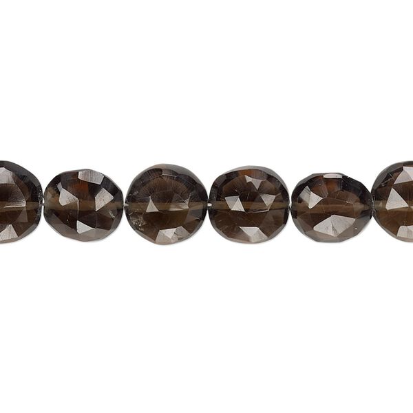 Smoky quartz 1pkg1, hand-cut faceted puffed flat round bead 6 inch 8-10mm image number 0