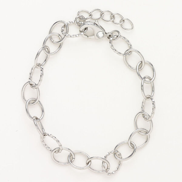 Bracelet, "pewter" (zinc-based alloy) and glass, pkg/1, 7-1/2 inches with lobster claw clasp, 8mm oval and twisted oval, silver finish and clear. image number 0