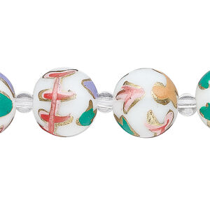 Bead, glass 1pkg8, multicolored, 14mm round with hand-painted flower.