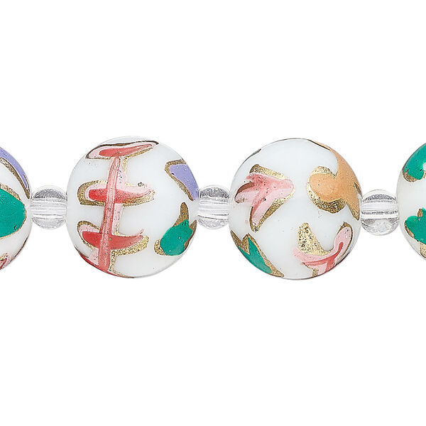 Bead, glass 1pkg8, multicolored, 14mm round with hand-painted flower. image number 0