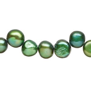 Freshwater pearl 1pkg1, flat-sided potato C grade, 14 inch 8x6mm-10x8mm dark yellow-green / evergreen cultured