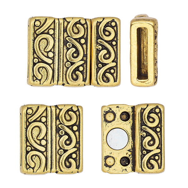 Clasp, magnetic, antique gold-finished "pewter" (zinc-based alloy), 21.5x16.5mm rectangle with swirl design and glue-in ends, 12x2mm inside diameter. Sold individually. image number 0