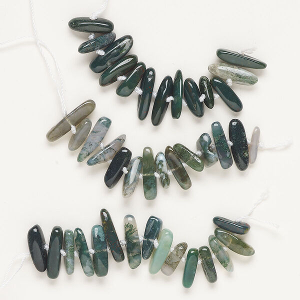 Bead, moss agate (natural), 14x4mm-25x7mm top-drilled stick, B- grade, Mohs hardness 6-1/2 to 7. Sold per pkg of (3) 4-inch strands, approximately 35 beads. image number 0