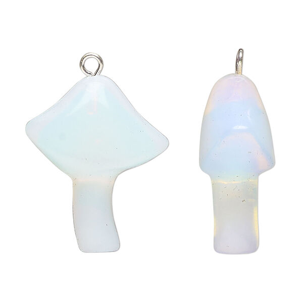 Drop, imitation rhodium-plated brass and sea "opal" (glass), 25x21.5mm hand-carved mushroom. Sold individually. image number 0