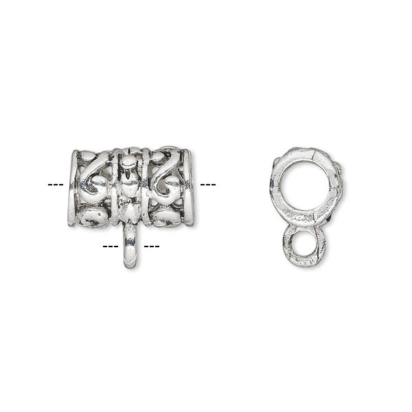 Bead, antiqued "pewter" (zinc-based alloy), 13x9mm filigree tube with loop. Sold per pkg of 6. image number 0