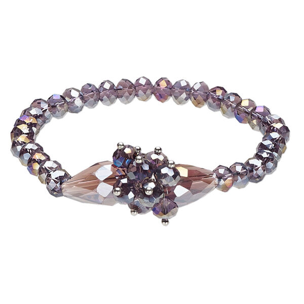 Bracelet, stretch, glass, purple AB, 17mm wide with rondelle and teardrop, 6 inches. Sold individually. image number 0