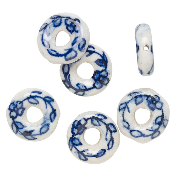 Bead, porcelain, blue and white, 18-19mm donut with flower and leaves design. Sold per pkg of 6. image number 0