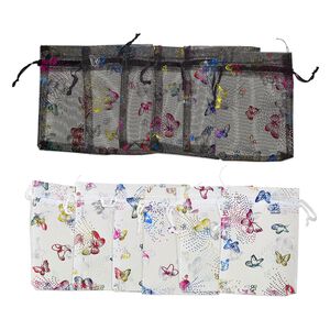 Pouch, organza, black / white / multicolored, 5-1/2 x 3-3/4 inches with butterfly pattern and drawstring. Sold per pkg of 12.