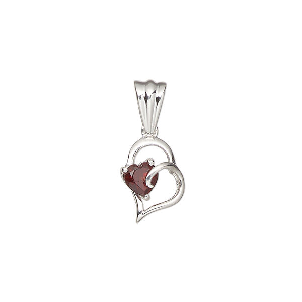 Pendant, garnet (natural) and sterling silver, 12x9mm open falling heart with 4x4mm faceted heart. Sold individually. image number 0
