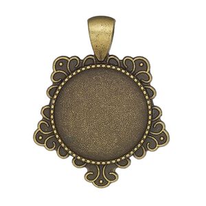 Pendant, glue-in, antique brass-finished "pewter" (zinc-based alloy), 37x29mm single-sided pentagram with 20mm round setting. Sold per pkg of 2.