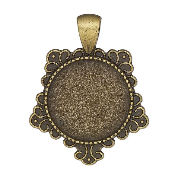 Pendant, glue-in, antique brass-finished "pewter" (zinc-based alloy), 37x29mm single-sided pentagram with 20mm round setting. Sold per pkg of 2. image number 0